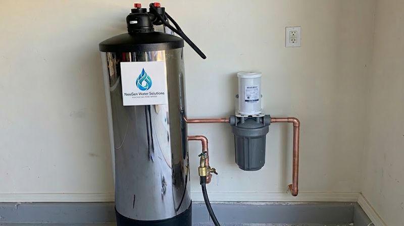 A polished stainless NexGen conditioner tank with a control valve on top, connected to existing copper pipe and a wall-mounted filter housing.