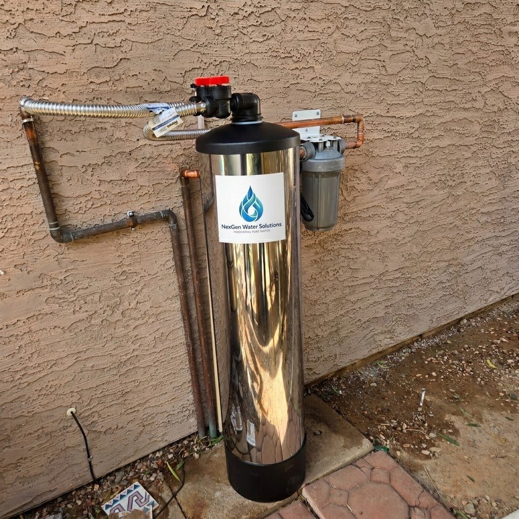 A stainless NexGen whole-home filtration tank mounted against a stucco exterior wall, tied into the copper main with a bypass valve and a sediment pre-filter.